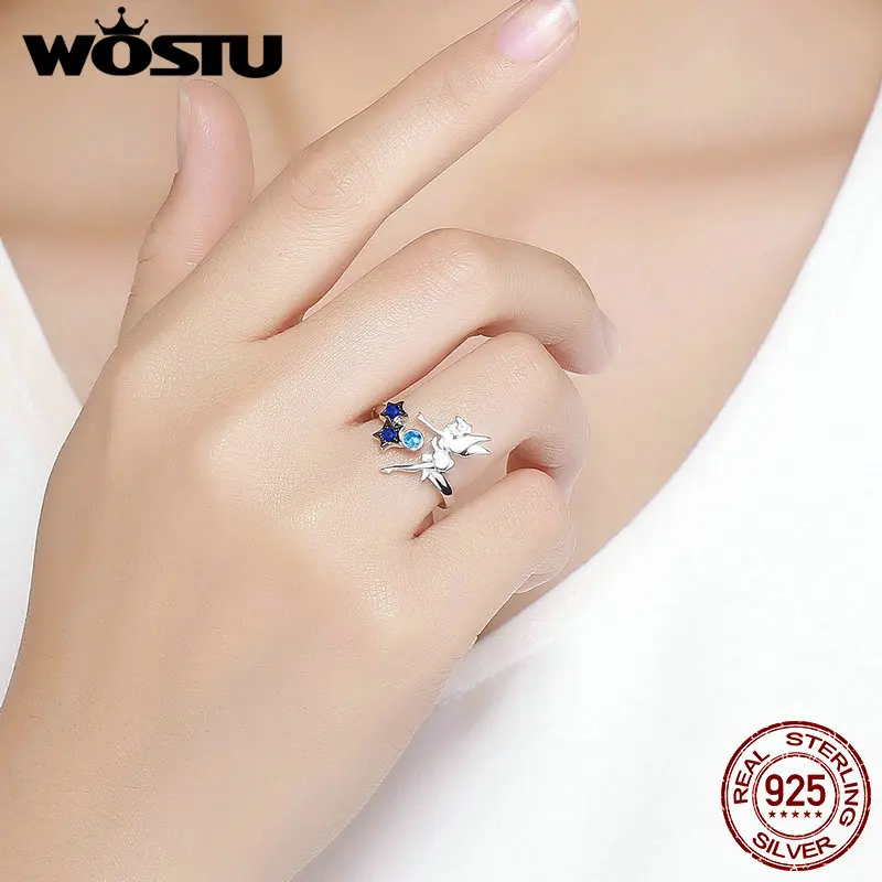 WOSTU 925 пробы Серебряная Фея и звезды кольцо Голубой цирконий регулируемые