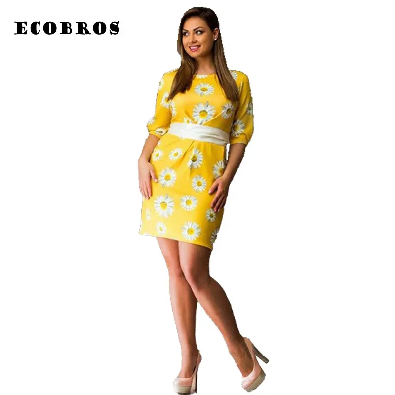 ECOBROS Большой размер 6XL Новый Жира ММ Женщины Лето Dress bodycon хризантемы печати