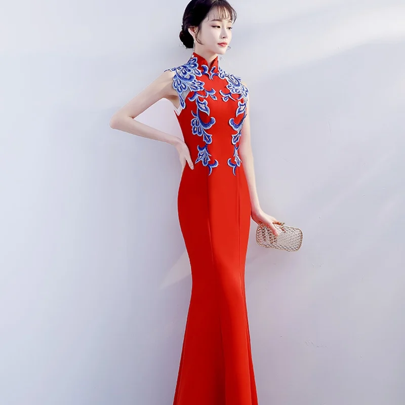 Свадебное платье для гостей бальное с вышивкой воротник стойка Fete Reformed Cheongsam