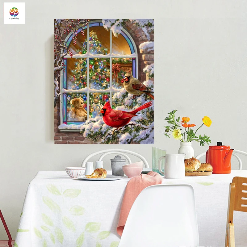 Frameless Digital Painting By Numbers Christmas Window Birds Floral Acrylic Paint Modern Wall Art Home Hotel Deco deal | Дом и сад