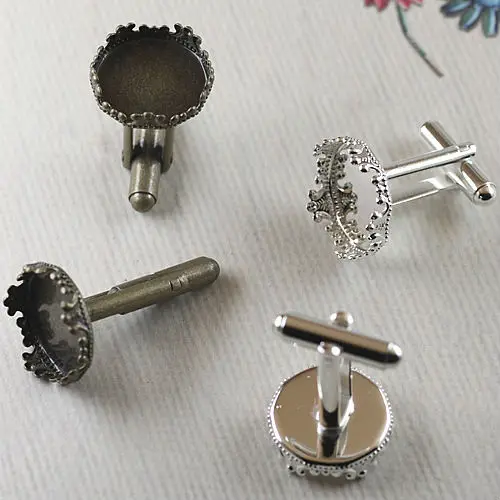 10pcs Inner 15mm Wholesale Antique Bronze/Silver French Cufflinks Blank  Crown edge Cameo Bezel Cabochon Setting Disc Tray