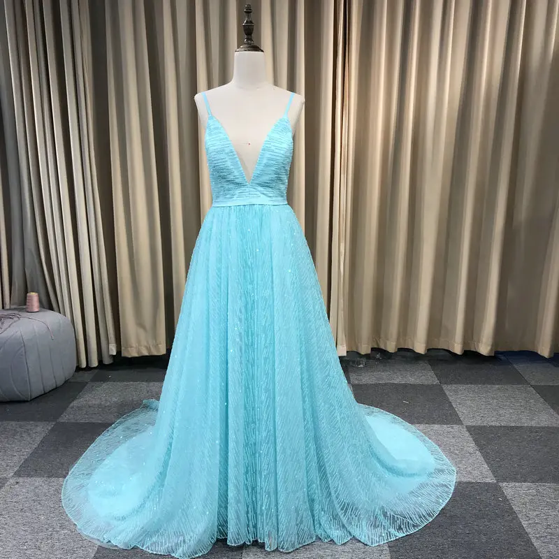 light blue Leeymon на заказ сексуальный блеск глубокий V-образным вырезом платья выпускного вечера элегантный линия спинки дешевое длинное платье для вечерней вечеринки - Цвет: light blue
