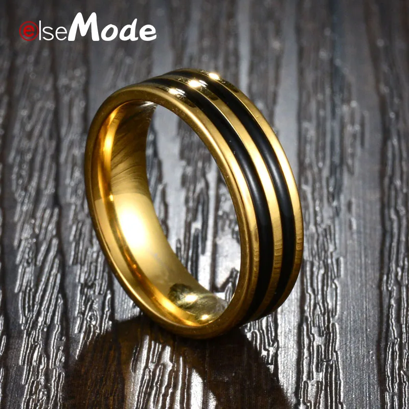 ELSEMODE трендовые золотые кольца с двумя черными линиями обручальное кольцо