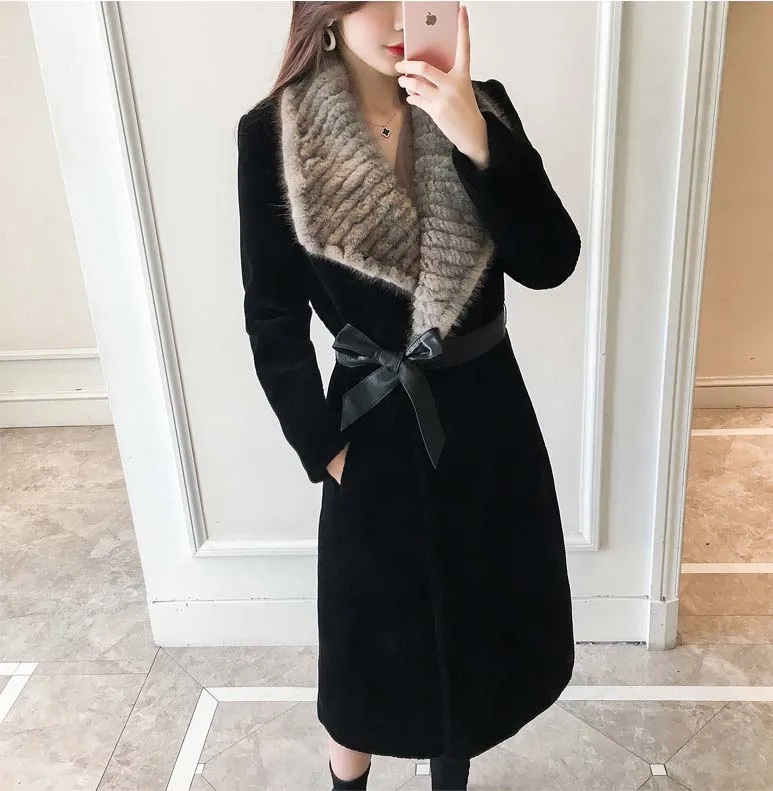 New Arrival 2022 Winter Fashion Woman Clothes 100% Wool Long Coat Natural Real Mink Fur Collar Female Streetwear Black Big Size