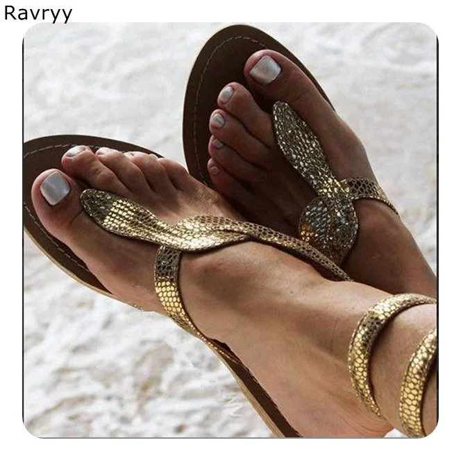 Женские сандалии со змеиным принтом шлепанцы на плоской подошве без застежки