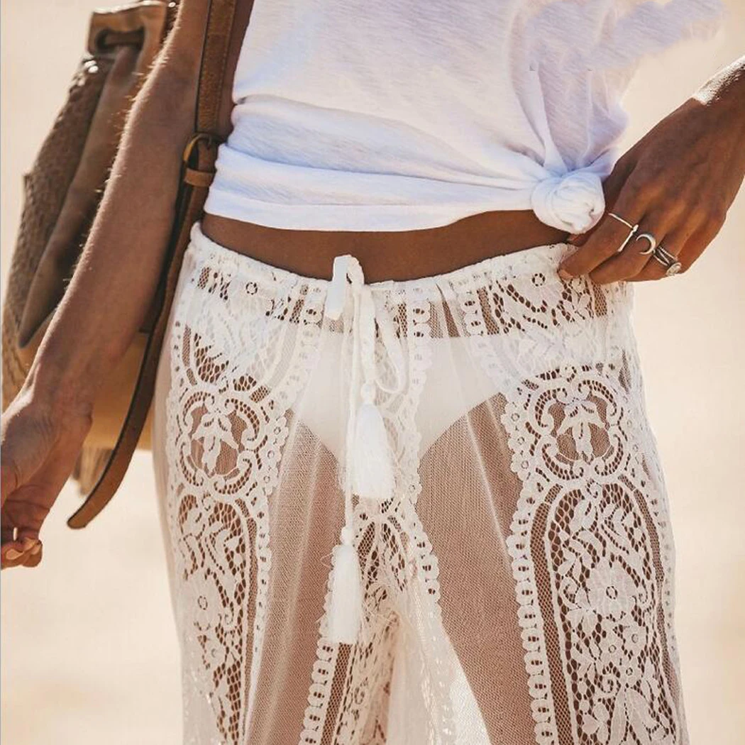 Женские пляжные брюки со шнуровкой расклешенные средней талией и широкими