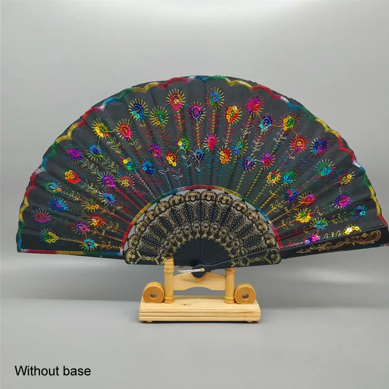 black multicolor Пластиковая кость, блестки, летний аксессуар, китайский стиль, вышивка, резные, ручной, веер, хвост, перо, домашний декор, ремесла, принт - Цвет: black multicolor