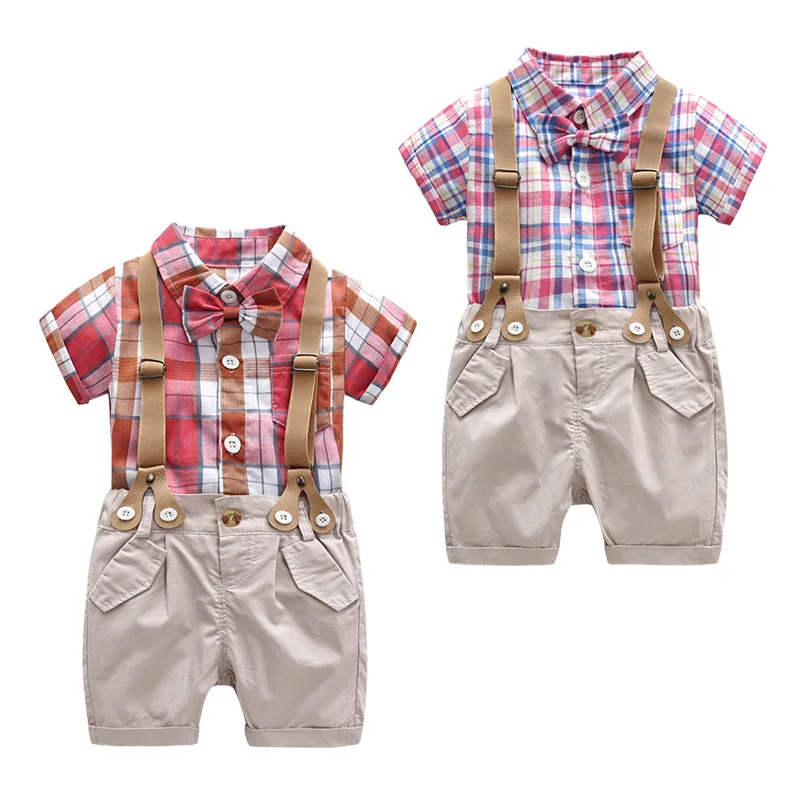 

2021Baby Boy Romper Clothes Ropa Bebe Jumpsuit Bow Ties Suspenders Shirt Suit Gentleman Dress Grid Roupa Bebe Summer