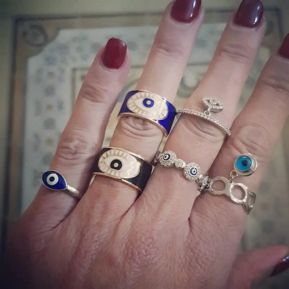 

silver color white cz blue enamel turkish evil eye eternity band fashion lucky women finger ring