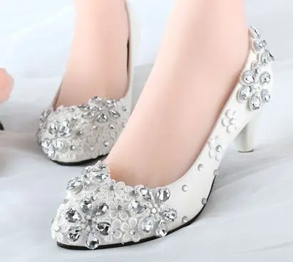 Crystal silver rhinestones wedding pumps shoes women handmade plus size female lace wedding shoes lady party shoes plus size