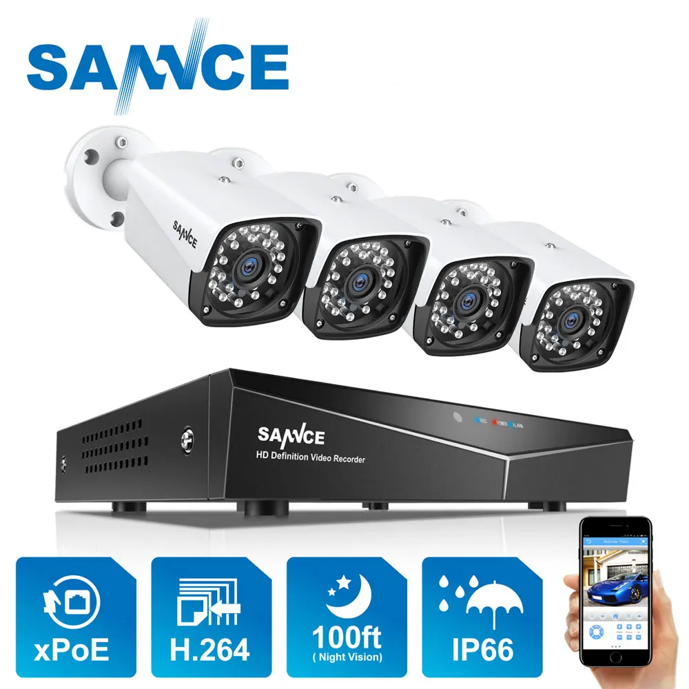 Система видеонаблюдения XPOE IP66 SANNCE 4 канала 2 МП IP камеры 1080P|Система наблюдения| |