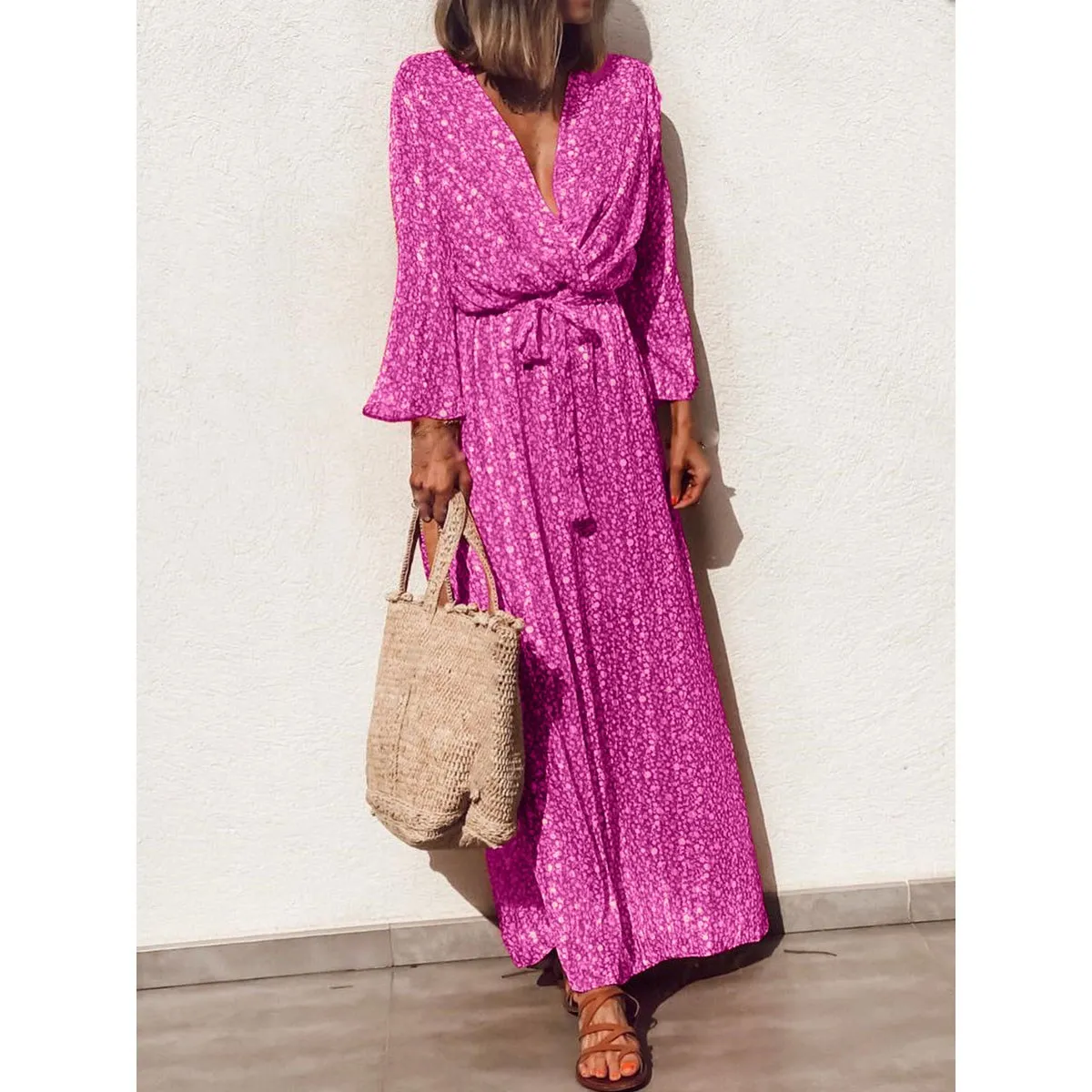 Женское пляжное платье макси с v образным вырезом поясом и длинным рукавом летний