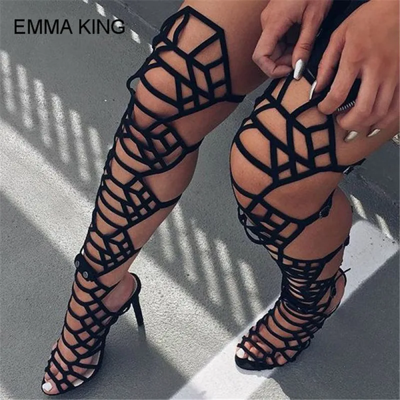 EMMA KING/женские летние сапоги выше колена; Лидер продаж; пикантные дышащие женские босоножки с острым носком на высоком каблуке с пряжкой для ночного клуба