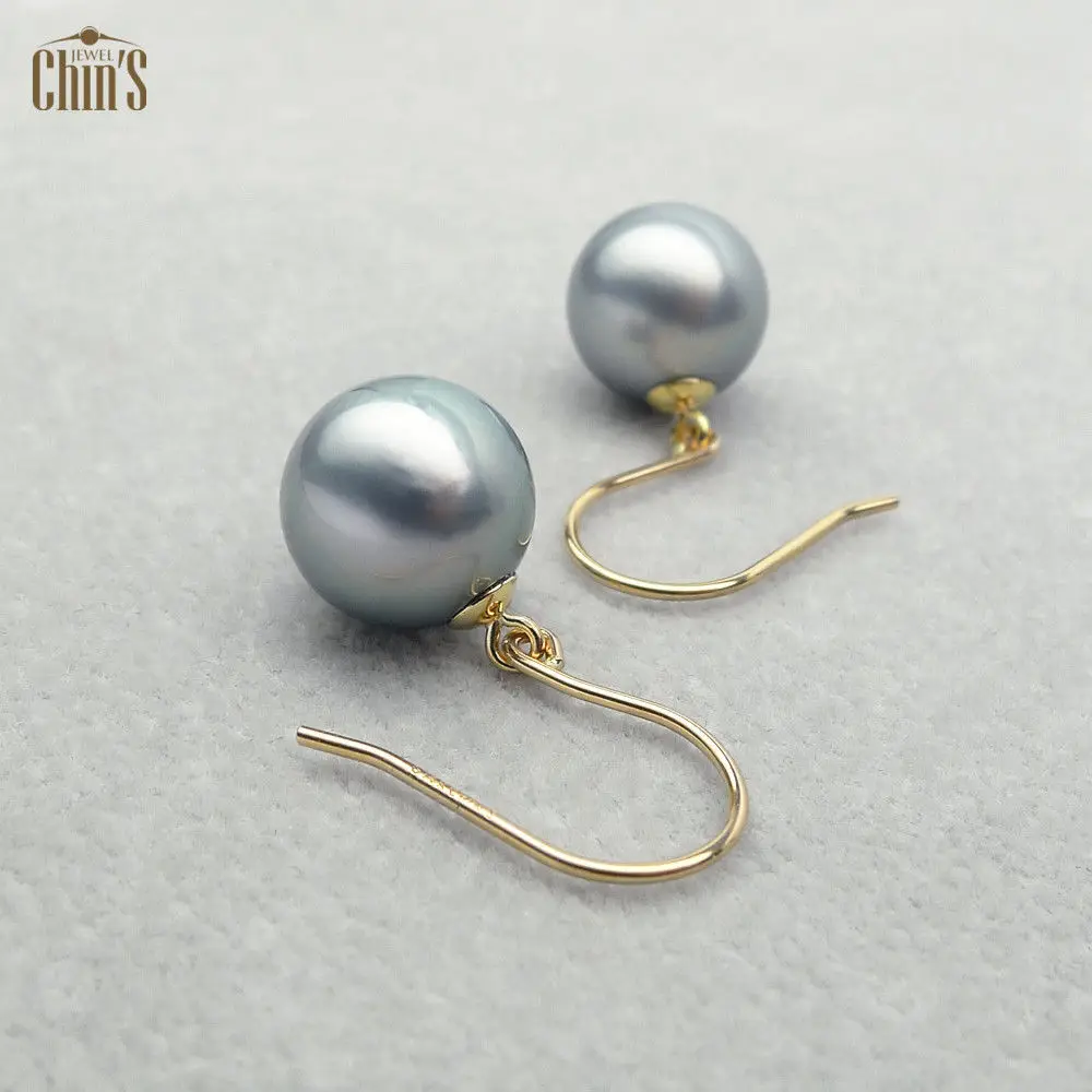 

10-10.5mm Round Gray Genuine Tahitian Pearl Drop Earrings Dangle 14K Yellow Gold