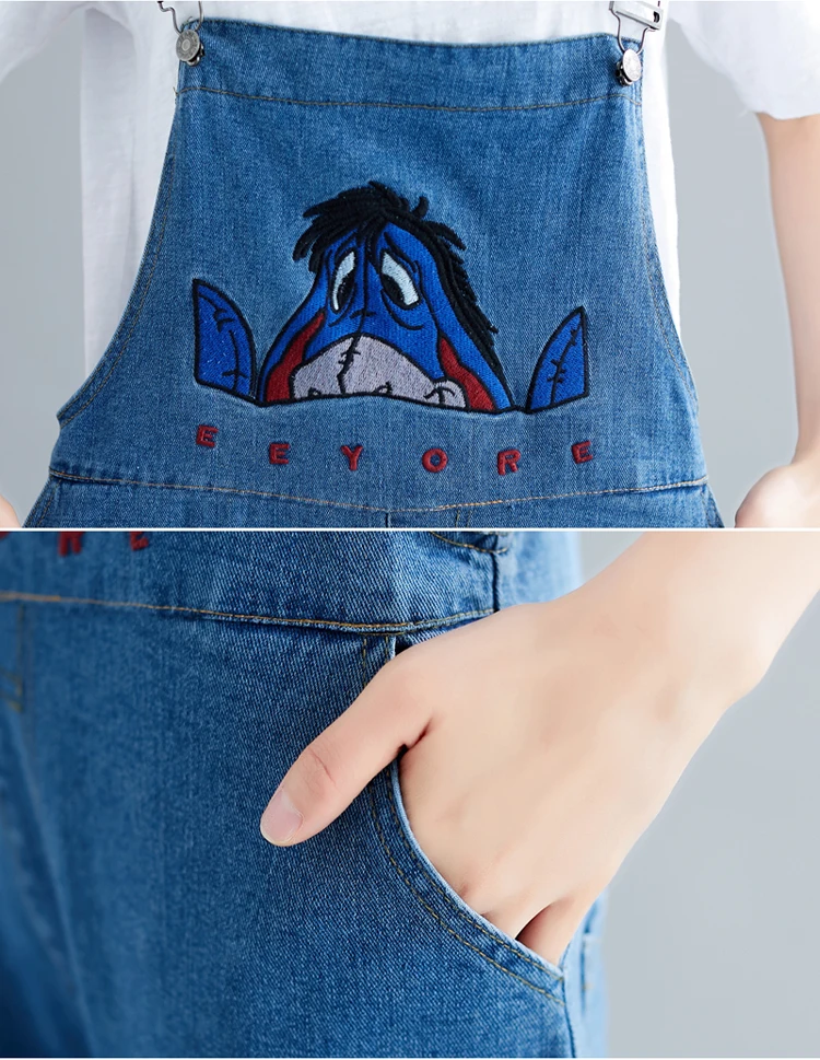 Женская Eeyore мультфильм вышитые джинсовые брюки комбинезоны весна свободные бретели джинсовый Ромпер Комбинезоны женские уличные