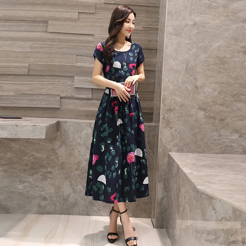 Новый хлопково-льняные с цветочным принтом летнее платье Для женщин Vestidos