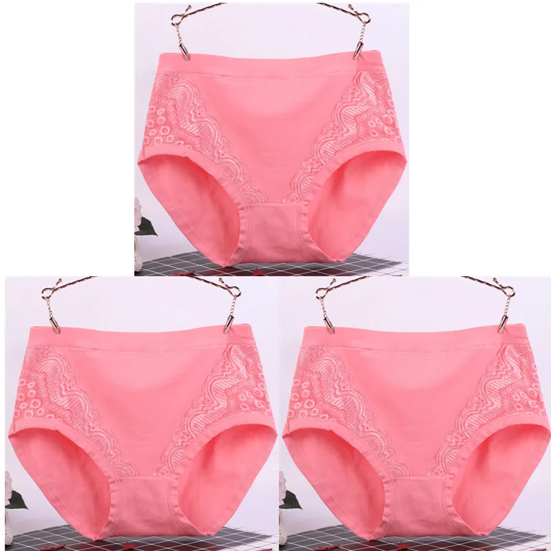 pink X 3 3 шт./лот, XL-6XL, большие размеры, высокая талия, женские трусики, одноцветные хлопковые трусы, нижнее белье, женские сексуальные кружевные бесшовные трусы 6634 - Цвет: pink X 3