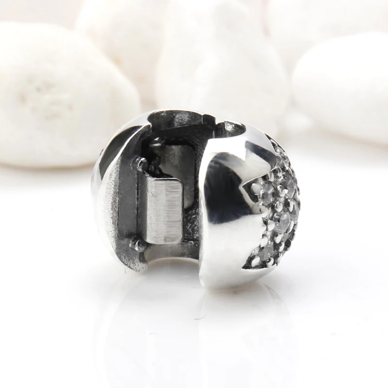 

925 Sterling Silver Clip Charm Sparkling Star Round Shape Beads Fit Original Pandora Charms Bracelet DIY Jewelry