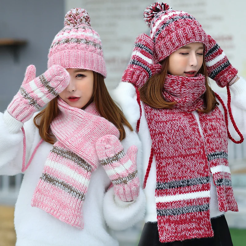 Женская зимняя трикотажная шапка с помпоном 3 шт.|scarf glove|hat scarf glovesknitted hat |