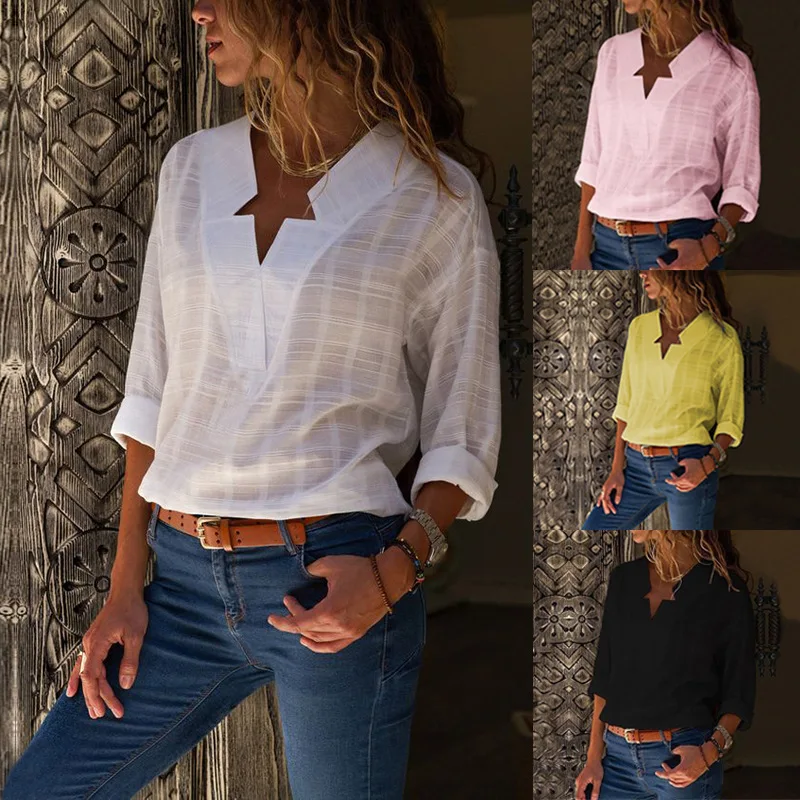 2019 Весна и осень хлопок новая модная рубашка Дамы v образным вырезом с длинными