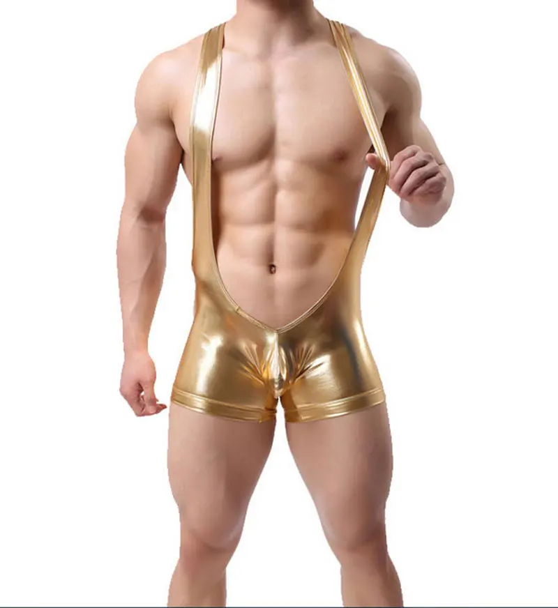 5PCS/LOT Bodywear Faux Leather Wrestling Singlet Men's Sexy Siamese Boxers Underwear Leotard Bodysuit Black/Gold/Silver S M L XL