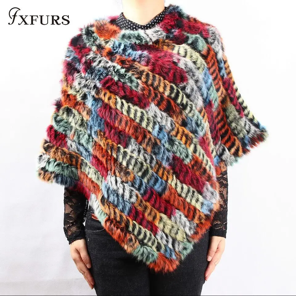 red orange FXFURS, весна-осень, настоящее Вязаное пончо из кроличьего меха, женские шарфы, натуральный кроличий мех, шаль, треугольная накидка - Цвет: red orange