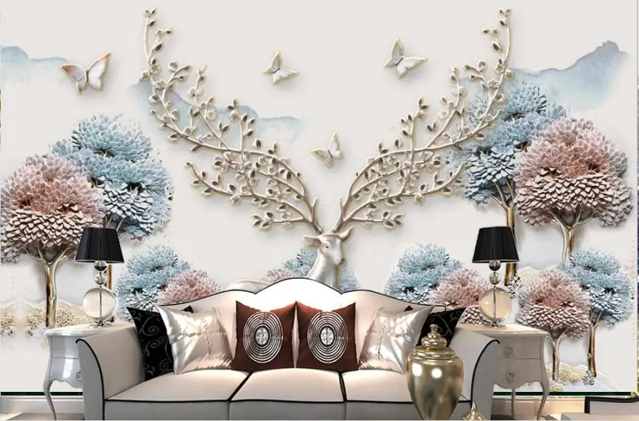 

New Chinese Wall papers Home Decor Custom Wallpaper 3D Stereoscopic Embossed forest elk Wallpapers For Living room TV Backdrop