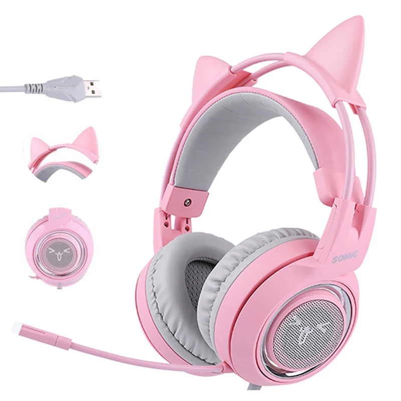 SOMIC G951 розовые наушники с кошачьими ушками Virtual 7 1 шумоподавление Игровые