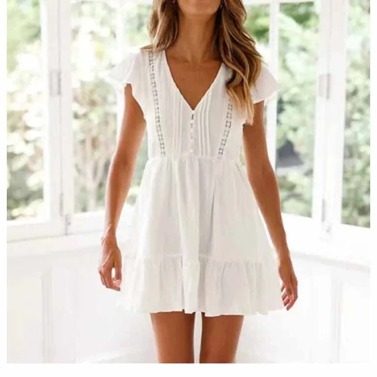 Женское кружевное короткое платье с оборками Boho белое пляжное v образным вырезом
