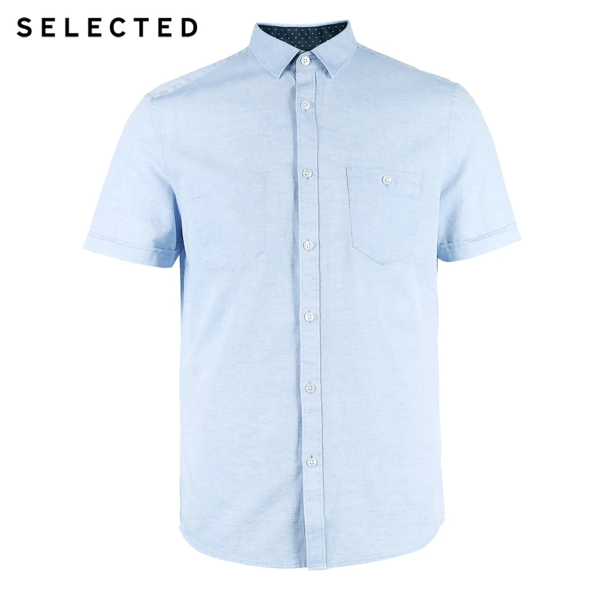 Мужская рубашка из хлопка и льна Легкая однотонная с коротким рукавом острым