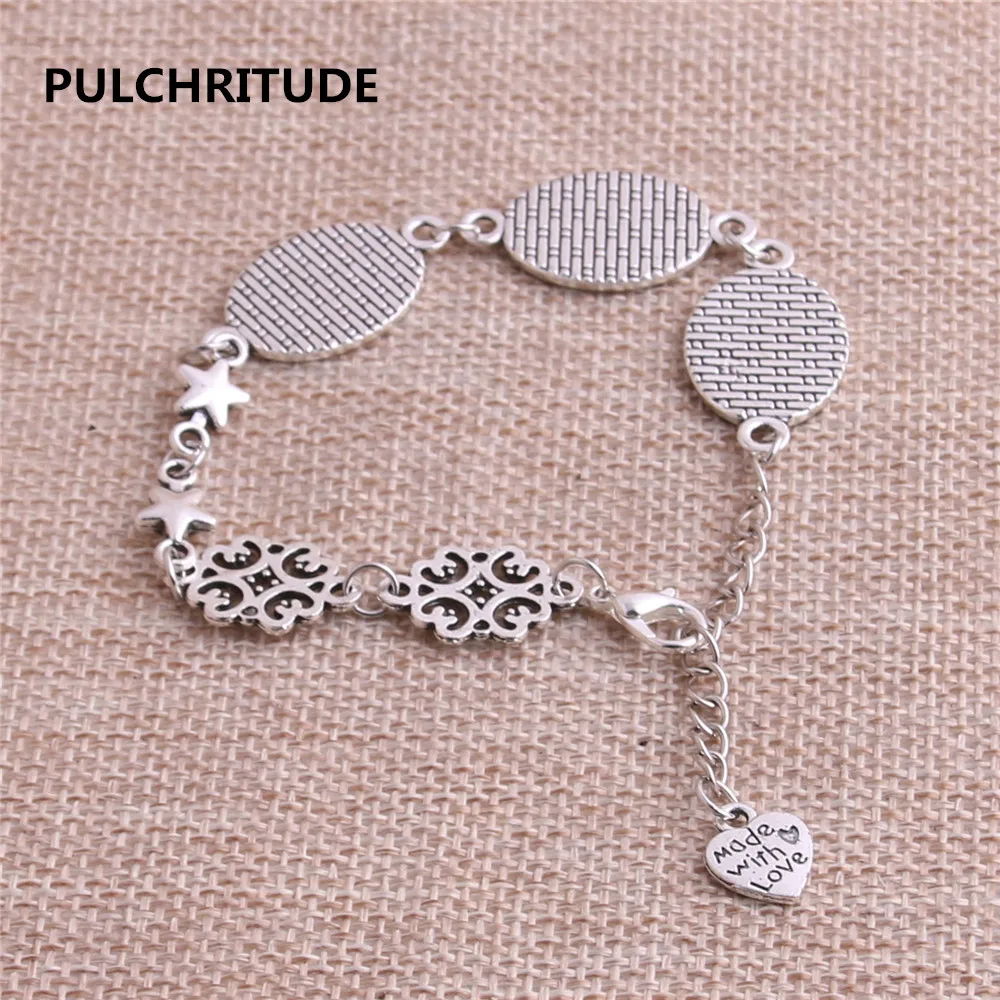 Pulchrode 3 шт. 22 см сплав античная серебряная цепочка браслет Звезда Шарм Круглый Кабошон База Установка подходит 18*13 мм диаметр для женщин Z0037