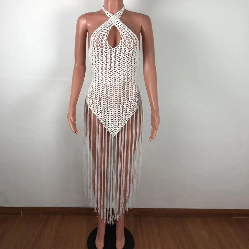 white New Knit Crochet Cami Summer Beach Tassel Backless Top Women Hollow Out Halter Neck Fringe Tops Tees - Цвет: white