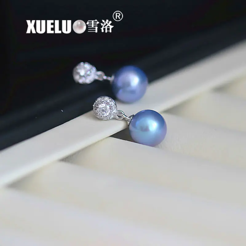 

925 Sterling Silver Perfect Round High Quality Silver Gray Natural Cultured Fresh water Pearl Stud Earrings for women