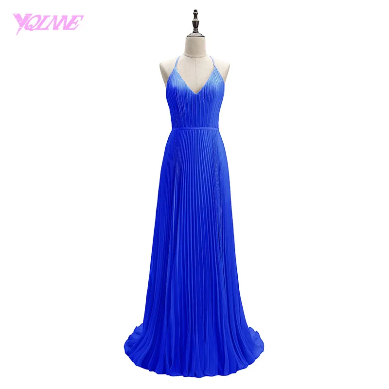 Royal Blue YQLNNE Селена Гомес Выпускные Платья цвет шампанского длинные креп складки красный ковры платье vestido de festa - Цвет: Royal Blue