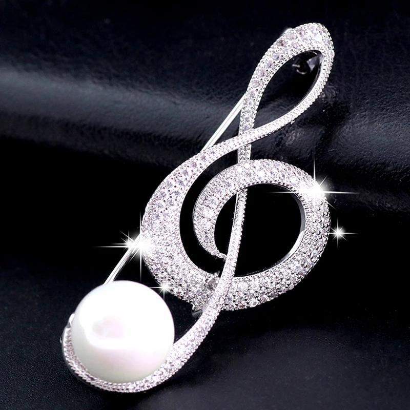 Женская Брошь в виде музыкальной ноты серебристая/Золотистая брошь с жемчугом и