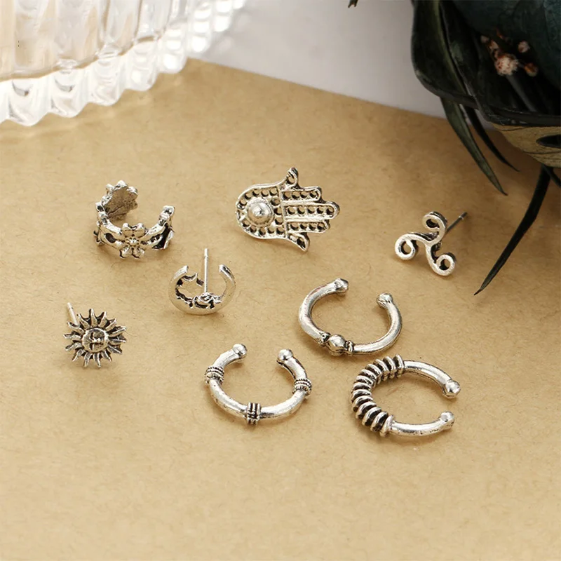 8 шт./компл. Boho Для женщин панк серьги в форме листьев Earcuff Хамса клипсы для ушей в форме без проникновения Винтаж Kolczyki металлический Boucle D'Oreille