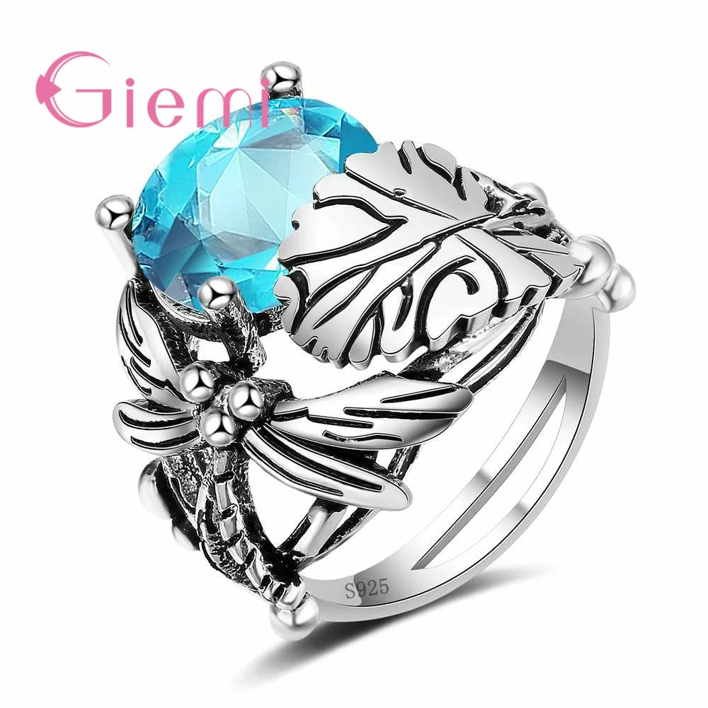 

New Arrival Flower Design Dragonfly Leaf Band 925 Sterling Silver Jewelry Red Blue Green Clear AAA+ Zirco Ring