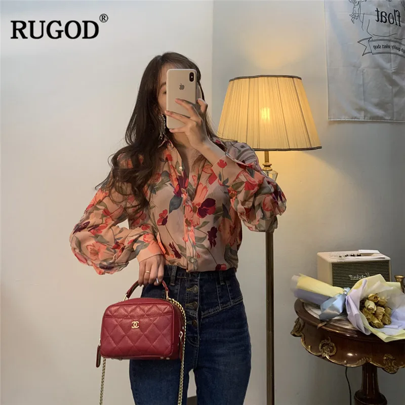 RUGOD/женские рубашки с цветочным принтом элегантные свободные рукавами в форме