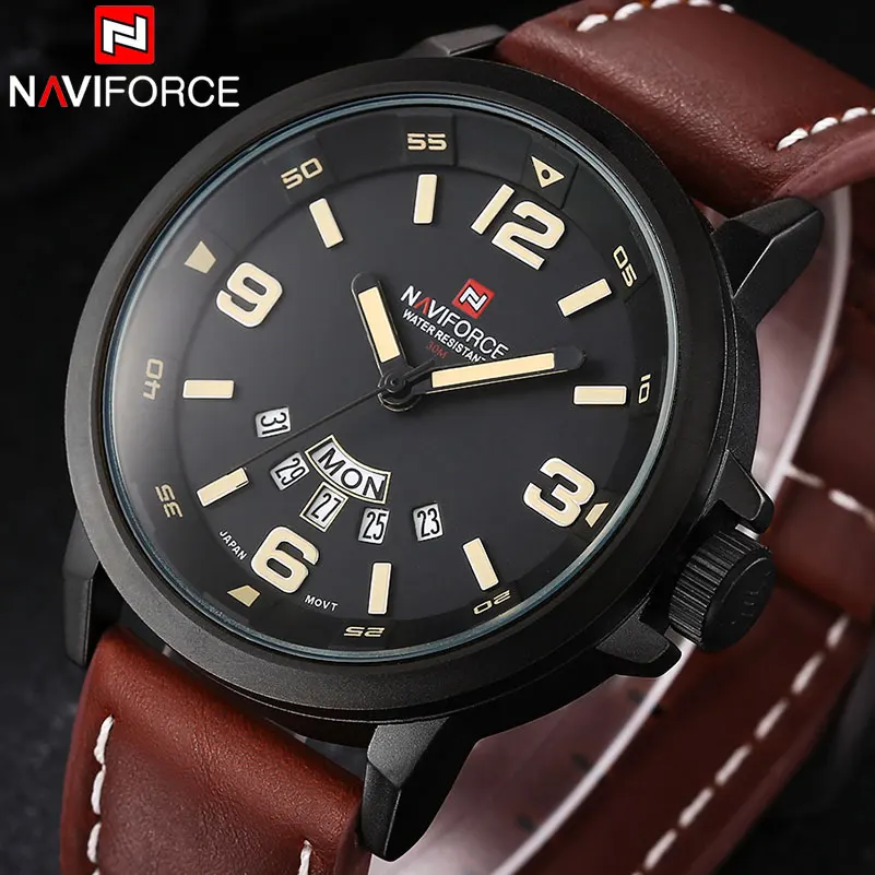 

NAVIFORCE Brand Army Military Sport Watch Men Genuine Leather Special Calendar Design 30M Waterproof Analog Quartz Wristwatches