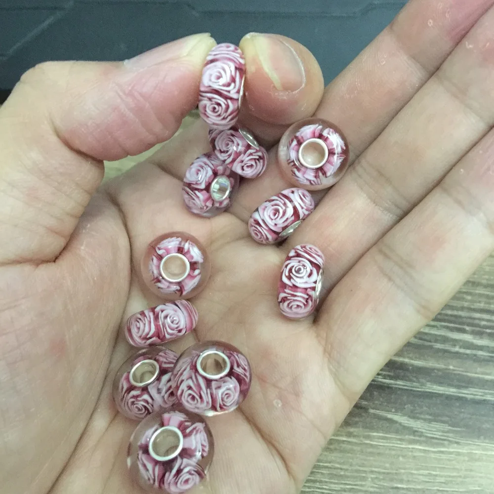 Ювелирные изделия с омелой, 925 пробы, серебряный, розовый, 3D цветы, роза, Шарм из муранского стекла, бисер, не, Подходит для европейских браслетов