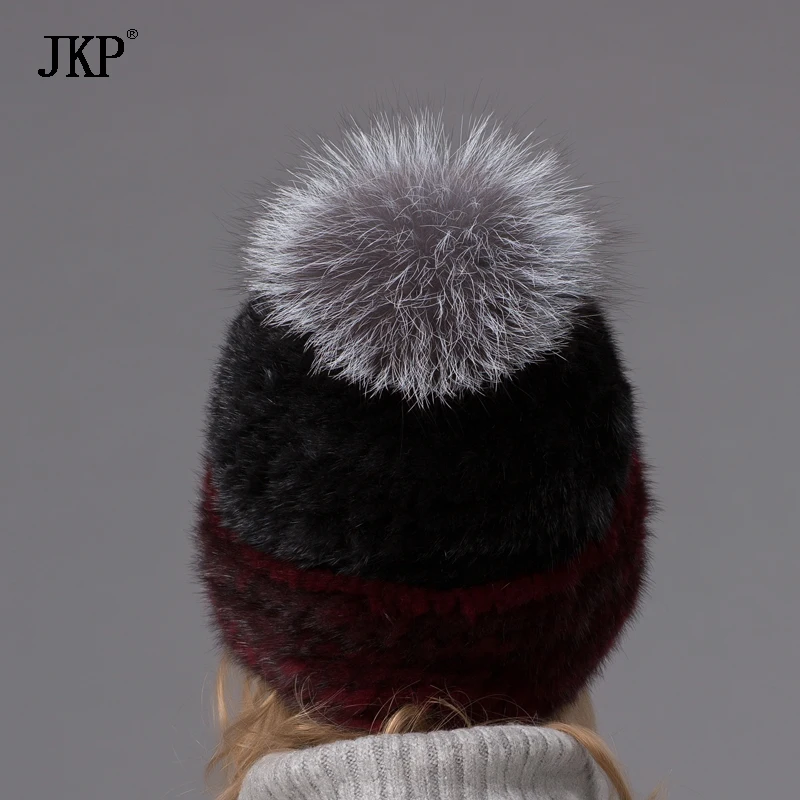 

Russia Women Real Mink Fur Hat With Fox Fur Pom Pom Top Winter Knitted Mink Fur Beanies