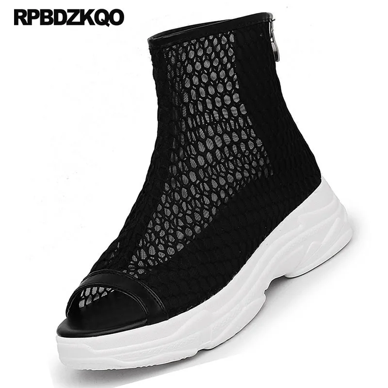 летние Белые сапоги на платформе меш Голова рыбы женщины обувь вырезать Flatform