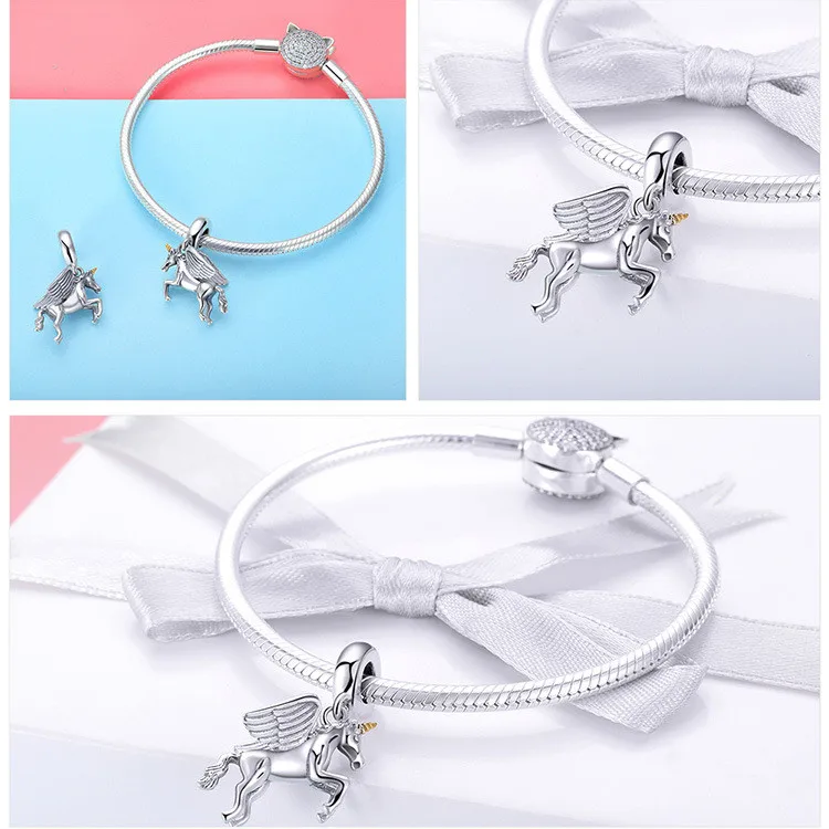Подходит для браслета Pandora Серебро 925 CZ эмаль Единорог амулеты дети красочные карусель на детской площадке бусины для изготовления ювелирных изделий