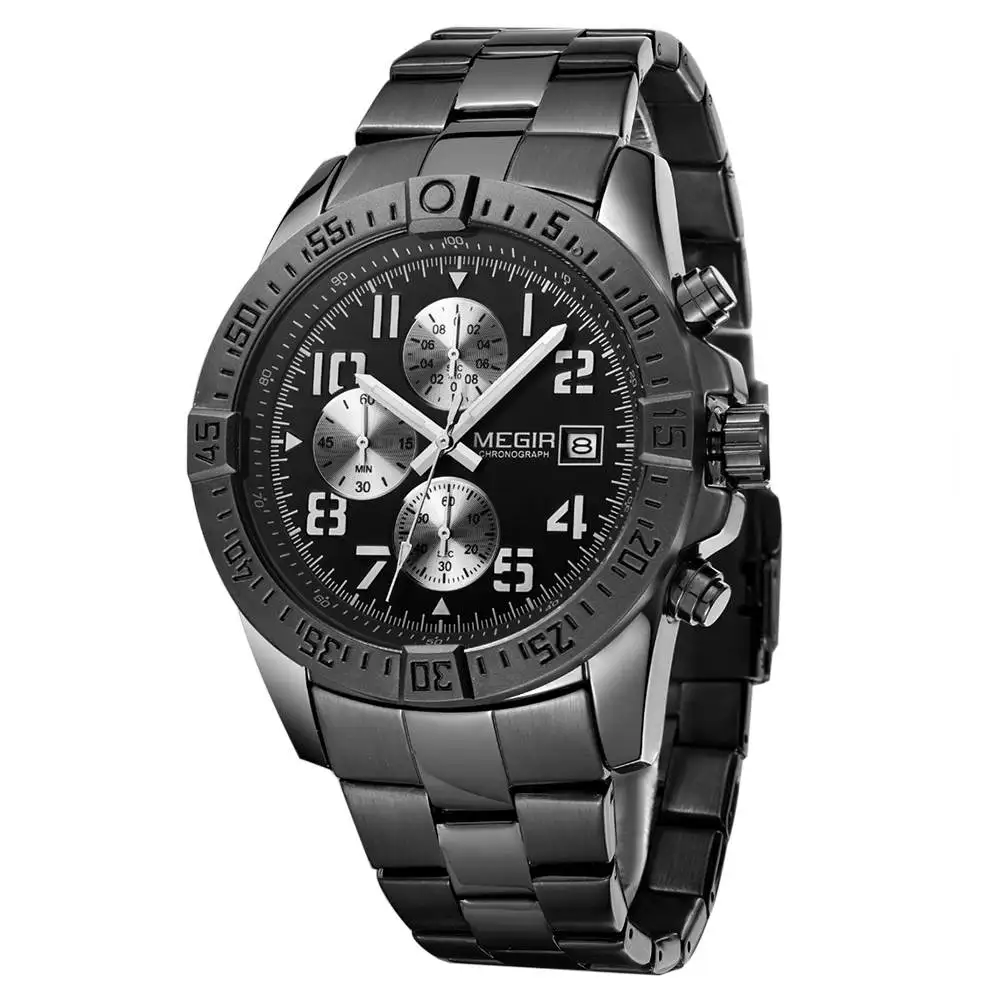 Мужские кварцевые часы Megir водонепроницаемые со стальным ремешком и хронографом