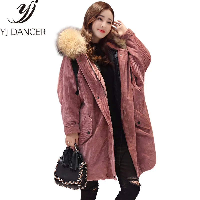 Зима 2018 хлопковая куртка женская большая парка из меха енота вельветовое пальто