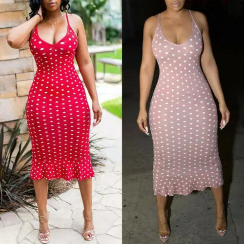 Женское платье-миди в горошек без рукавов с V-образным вырезом | Женская одежда