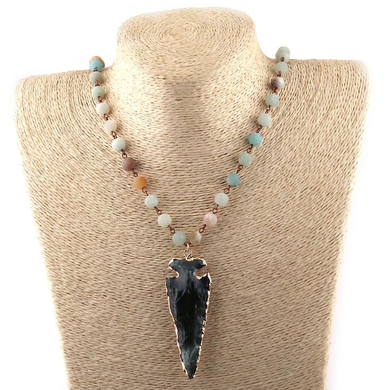 Мода Амазонит Камни Розария цепи Arrowhead кулон Цепочки и ожерелья ручной работы Для