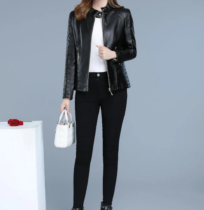 Black Искусственная кожа пальто для женщин Осень корейский короткий тонкий XL-6XL размера плюс черный желтый с длинным рукавом Мода рыбий хвост клетчатая куртка JD310 - Цвет: Black