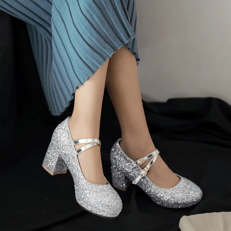 

WETKISS Sequined Cloth High Heels Pumps Woman Round Toe Footwear Mary Jane Wedding Bling Shoes Female Platform Shoes Woman 2019