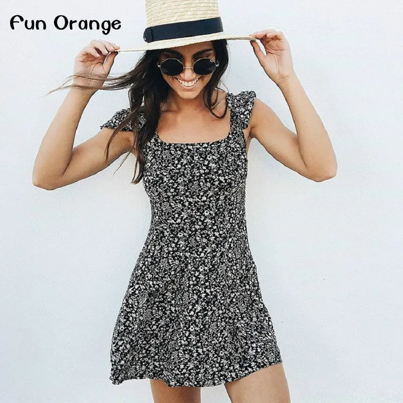 Женское короткое платье с цветочным принтом высокой талией и открытой спиной|dress